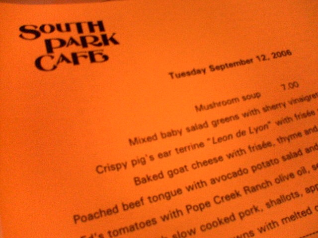 south park cafe menu